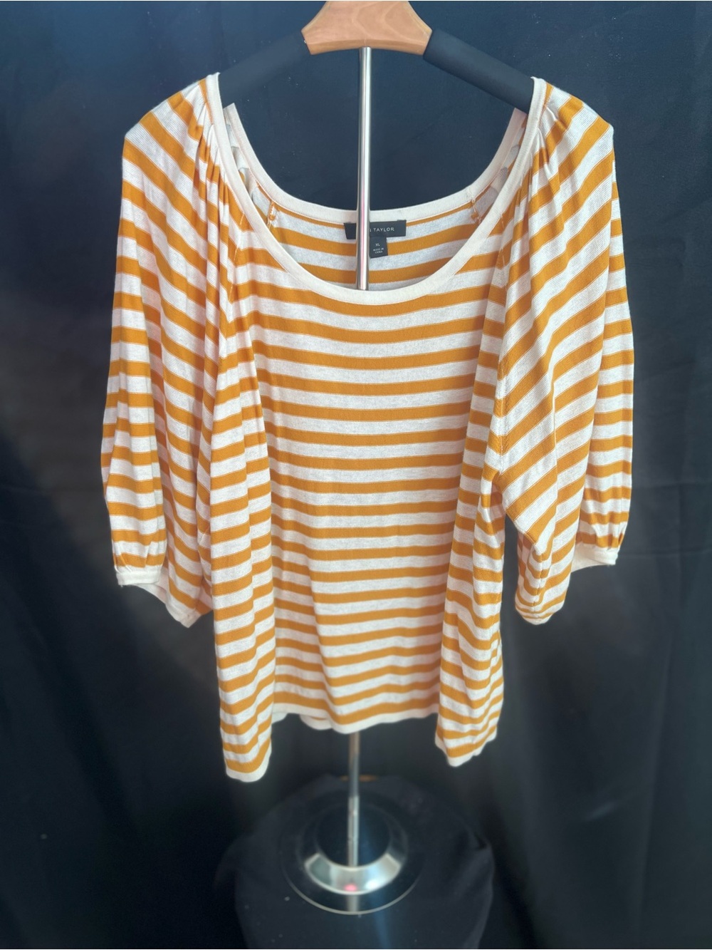 Ann Taylor White and Mustard Striped Scoop Neck Top